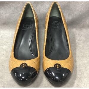 Tory Burch Quilted Patent Leather Cap Toe Block Heel Pumps Tan Black Size 8.5M